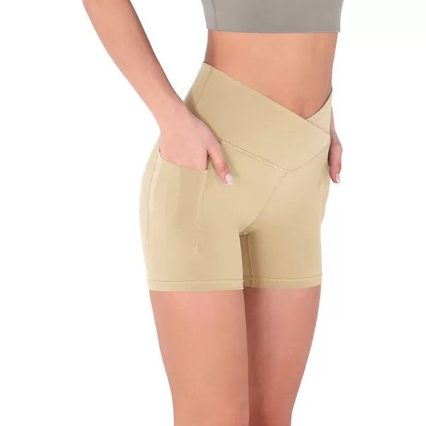 imageODODOS Crossover Yoga Shorts for Women 5quot Inseam High Waist Athletic Workout Running Biker ShortsBeige