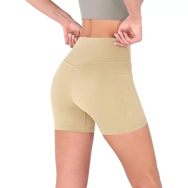 imageODODOS Crossover Yoga Shorts for Women 5quot Inseam High Waist Athletic Workout Running Biker ShortsBeige