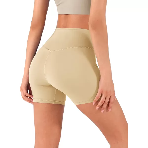 imageODODOS Crossover Yoga Shorts for Women 5quot Inseam High Waist Athletic Workout Running Biker ShortsBeige