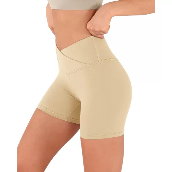 imageODODOS Crossover Yoga Shorts for Women 5quot Inseam High Waist Athletic Workout Running Biker ShortsBeige