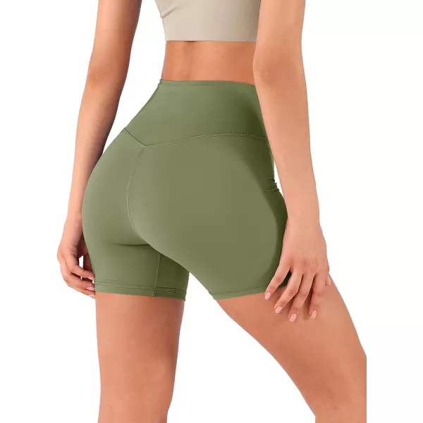 imageODODOS Crossover Yoga Shorts for Women 5quot Inseam High Waist Athletic Workout Running Biker ShortsDark Olive