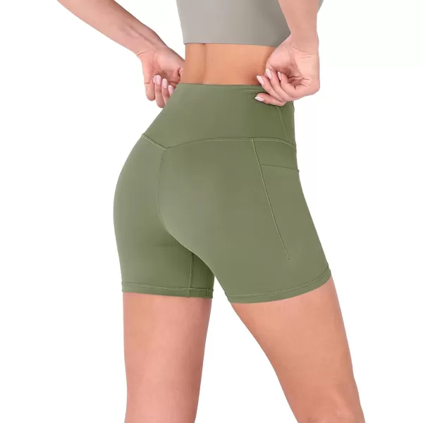 imageODODOS Crossover Yoga Shorts for Women 5quot Inseam High Waist Athletic Workout Running Biker ShortsDark Olive