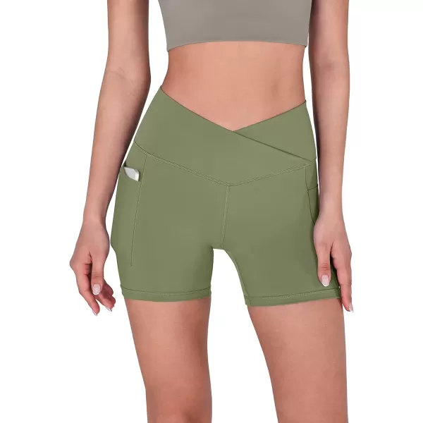 imageODODOS Crossover Yoga Shorts for Women 5quot Inseam High Waist Athletic Workout Running Biker ShortsDark Olive