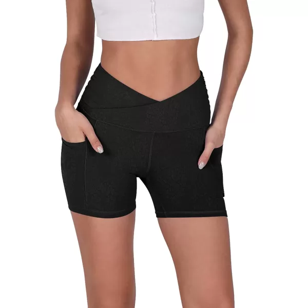 imageODODOS Crossover Yoga Shorts for Women 5quot Inseam High Waist Athletic Workout Running Biker ShortsLeopard Spots Black