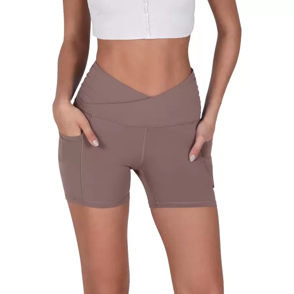 imageODODOS Crossover Yoga Shorts for Women 5quot Inseam High Waist Athletic Workout Running Biker ShortsPurple Taupe