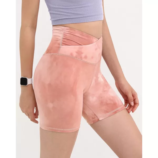 imageODODOS Crossover Yoga Shorts for Women 5quot Inseam High Waist Athletic Workout Running Biker ShortsTie Dye Pink