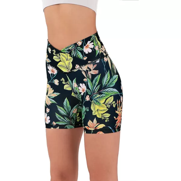 imageODODOS Crossover Yoga Shorts for Women 5quot Inseam High Waist Athletic Workout Running Biker ShortsTropical Flower