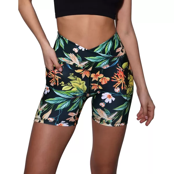 imageODODOS Crossover Yoga Shorts for Women 5quot Inseam High Waist Athletic Workout Running Biker ShortsTropical Flower