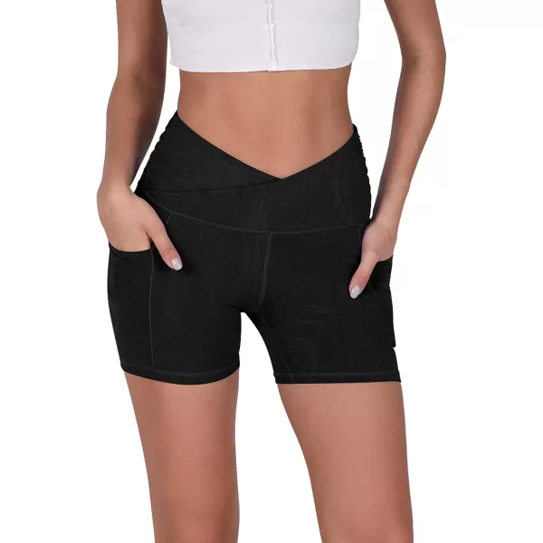imageODODOS Crossover Yoga Shorts for Women 5quot Inseam High Waist Athletic Workout Running Biker ShortsWave Black