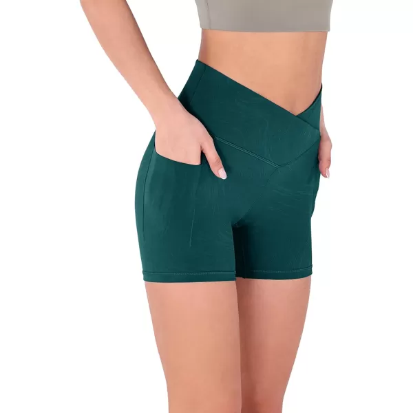 imageODODOS Crossover Yoga Shorts for Women 5quot Inseam High Waist Athletic Workout Running Biker ShortsWave Forest Teal