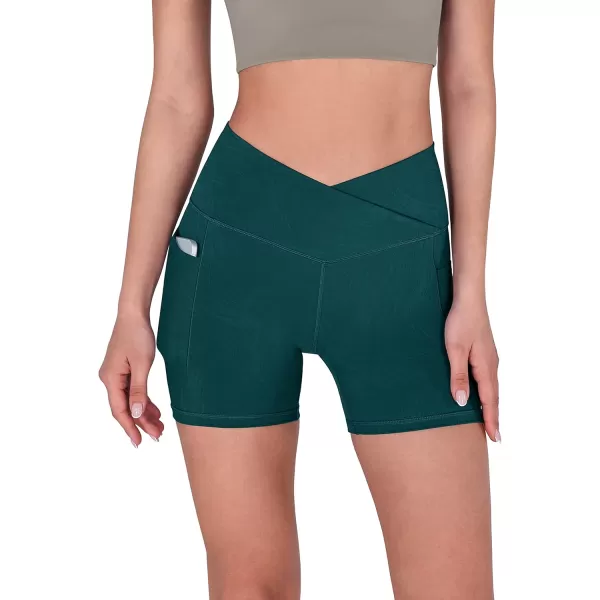 imageODODOS Crossover Yoga Shorts for Women 5quot Inseam High Waist Athletic Workout Running Biker ShortsWave Forest Teal