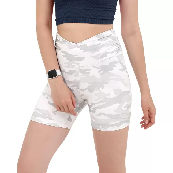 imageODODOS Crossover Yoga Shorts for Women 5quot Inseam High Waist Athletic Workout Running Biker ShortsWhite Camo