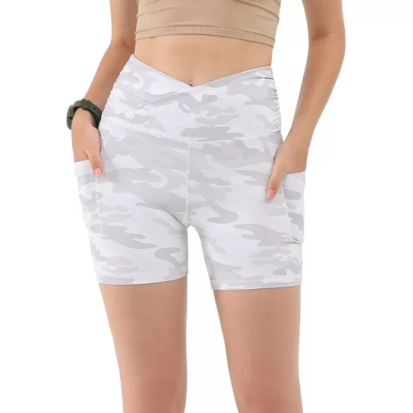 imageODODOS Crossover Yoga Shorts for Women 5quot Inseam High Waist Athletic Workout Running Biker ShortsWhite Camo