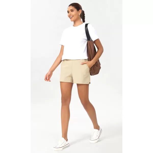 imageODODOS Stretch Woven Relaxed Shorts for Women Elastic High Waist Summer Lightweight Casual Shorts with PocketsBeige