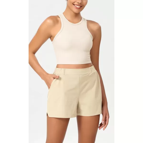 imageODODOS Stretch Woven Relaxed Shorts for Women Elastic High Waist Summer Lightweight Casual Shorts with PocketsBeige