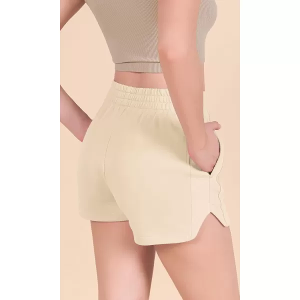 imageODODOS Womens Sweat Shorts Cotton French Terry Curved Hem Workout Casual Relaxed Lounge Shorts with PocketsBeige