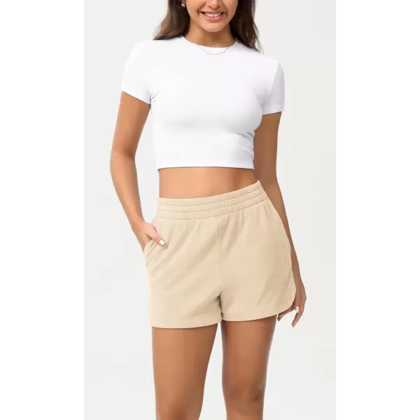 imageODODOS Womens Sweat Shorts Cotton French Terry Curved Hem Workout Casual Relaxed Lounge Shorts with PocketsBeige