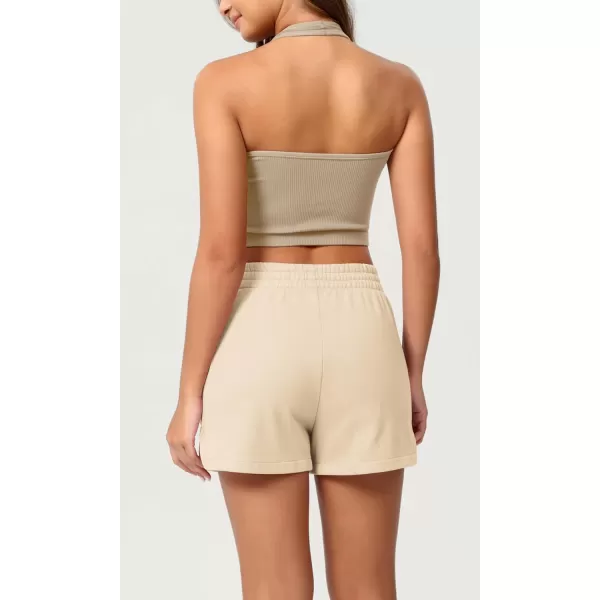 imageODODOS Womens Sweat Shorts Cotton French Terry Curved Hem Workout Casual Relaxed Lounge Shorts with PocketsBeige