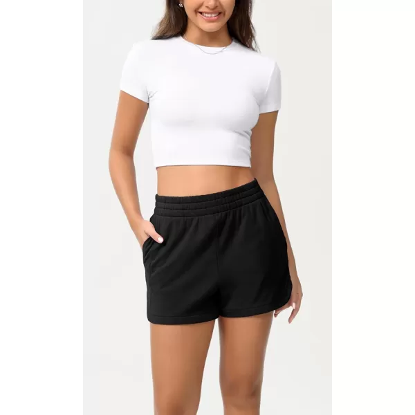 imageODODOS Womens Sweat Shorts Cotton French Terry Curved Hem Workout Casual Relaxed Lounge Shorts with PocketsBlack