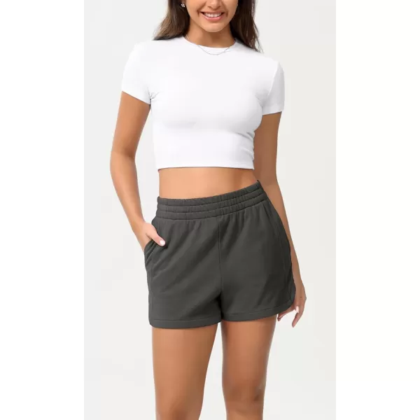 imageODODOS Womens Sweat Shorts Cotton French Terry Curved Hem Workout Casual Relaxed Lounge Shorts with PocketsCharcoal