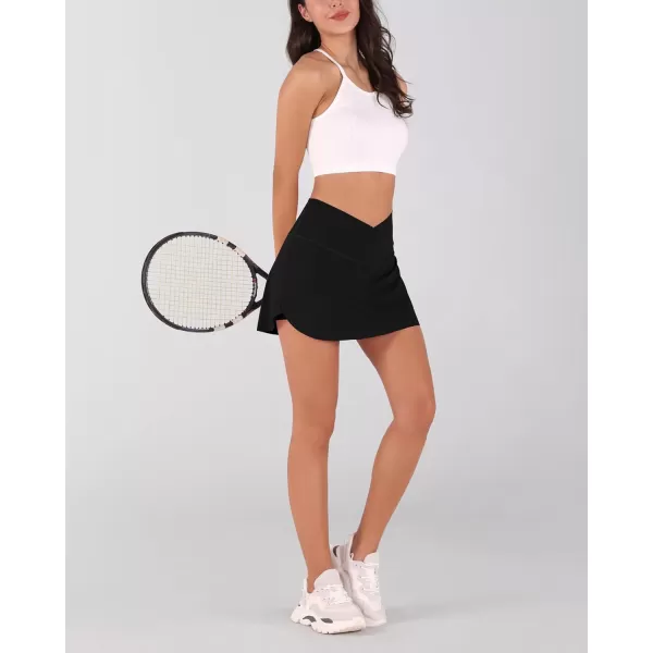 imageODODOS Womens Tennis Skirts with Pockets Crossover High Waist Builtin Shorts Athletic Golf SkortsBlack