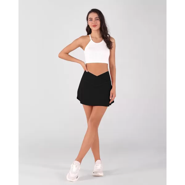 imageODODOS Womens Tennis Skirts with Pockets Crossover High Waist Builtin Shorts Athletic Golf SkortsBlack