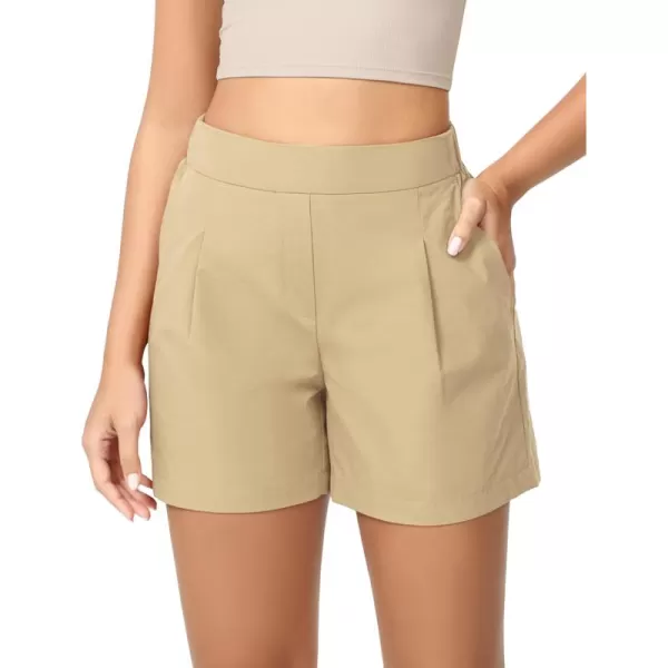 imageODODOS Relaxed Trouser Shorts with Pockets for Women Cotton Woven Elastic High Waist Casual ShortsBeige