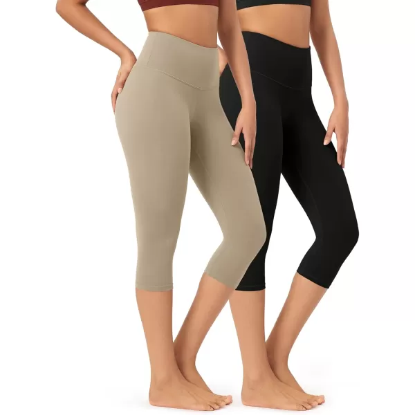 imageODODOS ODCLOUD 2Pack Buttery Soft Lounge Yoga Capris for Women 14quot  19quot  21quot High Waist Capri LeggingsBlackshaker Beige
