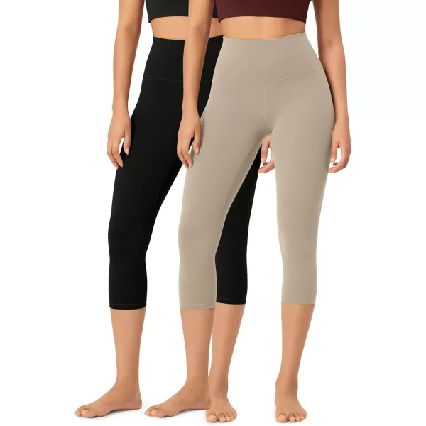 imageODODOS ODCLOUD 2Pack Buttery Soft Lounge Yoga Capris for Women 14quot  19quot  21quot High Waist Capri LeggingsBlackshaker Beige