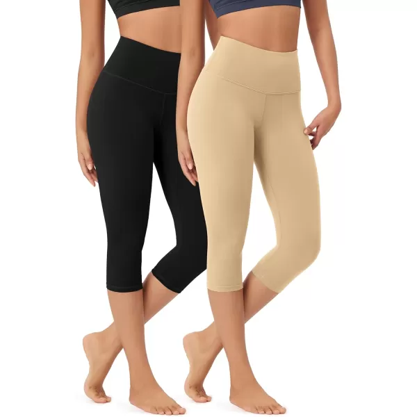 imageODODOS ODLEX 2Pack High Waist Knee Length Workout Capris for Women 14quot19quot Tummy Control Athletic Running Capri LeggingsBlackbeige