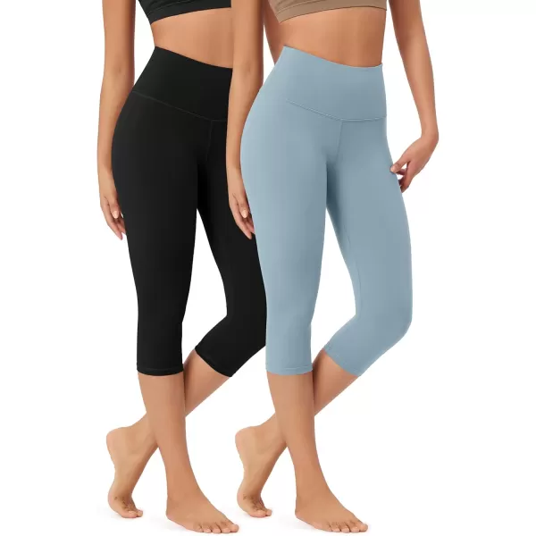 imageODODOS ODLEX 2Pack High Waist Knee Length Workout Capris for Women 14quot19quot Tummy Control Athletic Running Capri LeggingsBlackchambray