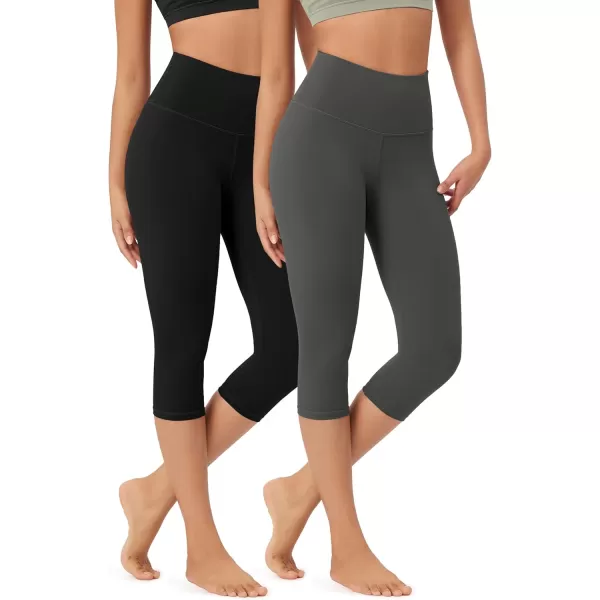 imageODODOS ODLEX 2Pack High Waist Knee Length Workout Capris for Women 14quot19quot Tummy Control Athletic Running Capri LeggingsBlackcharcoal