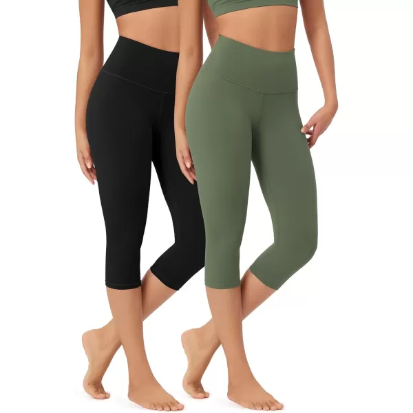 imageODODOS ODLEX 2Pack High Waist Knee Length Workout Capris for Women 14quot19quot Tummy Control Athletic Running Capri LeggingsBlackdark Olive