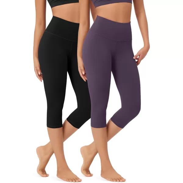 imageODODOS ODLEX 2Pack High Waist Knee Length Workout Capris for Women 14quot19quot Tummy Control Athletic Running Capri LeggingsBlackdark Purple