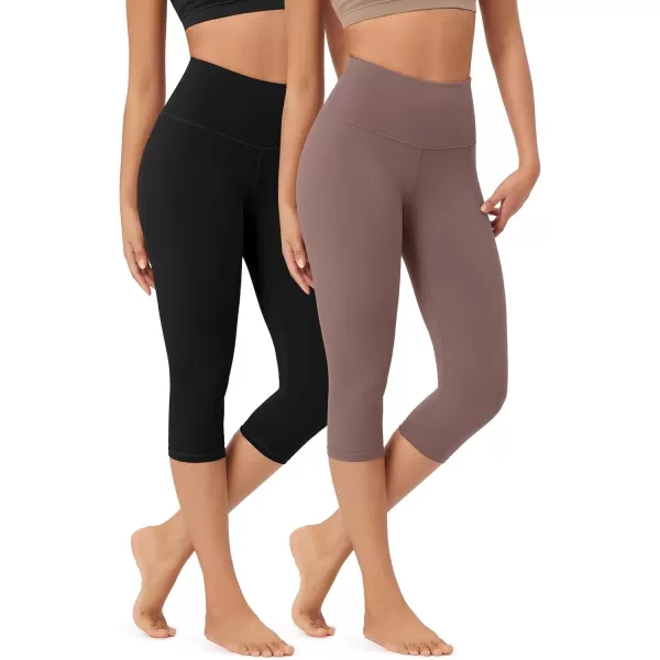 imageODODOS ODLEX 2Pack High Waist Knee Length Workout Capris for Women 14quot19quot Tummy Control Athletic Running Capri LeggingsBlackpurple Taupe