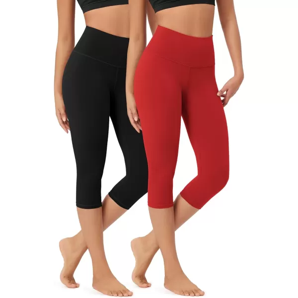 imageODODOS ODLEX 2Pack High Waist Knee Length Workout Capris for Women 14quot19quot Tummy Control Athletic Running Capri LeggingsBlackred