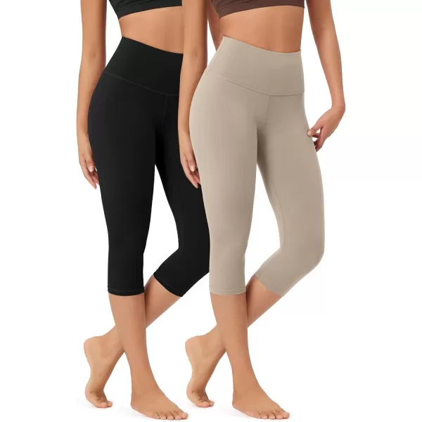 imageODODOS ODLEX 2Pack High Waist Knee Length Workout Capris for Women 14quot19quot Tummy Control Athletic Running Capri LeggingsBlacktaupe