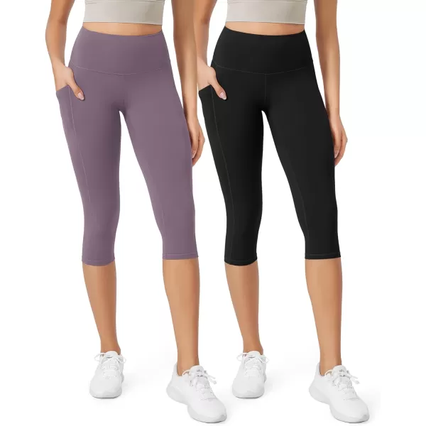 imageODODOS ODLEX 2Pack High Waist Workout Capris with Pockets for Women 14quot  19quot Yoga Capri LeggingsBlackash Violet