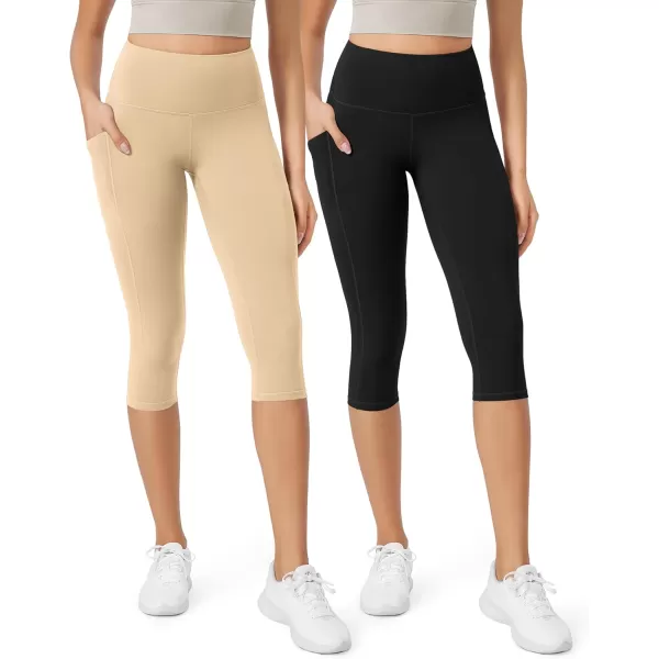 imageODODOS ODLEX 2Pack High Waist Workout Capris with Pockets for Women 14quot  19quot Yoga Capri LeggingsBlackbeige