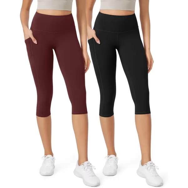 imageODODOS ODLEX 2Pack High Waist Workout Capris with Pockets for Women 14quot  19quot Yoga Capri LeggingsBlackburgundy