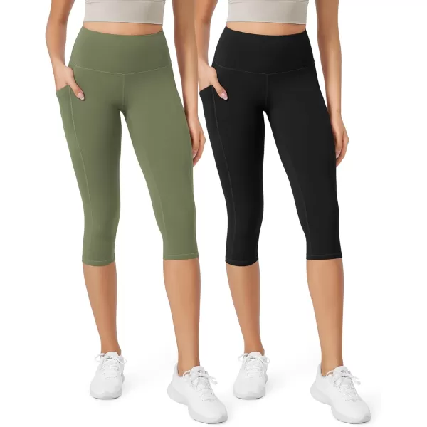 imageODODOS ODLEX 2Pack High Waist Workout Capris with Pockets for Women 14quot  19quot Yoga Capri LeggingsBlackdark Olive