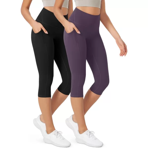 imageODODOS ODLEX 2Pack High Waist Workout Capris with Pockets for Women 14quot  19quot Yoga Capri LeggingsBlackdark Purple