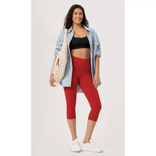 imageODODOS ODLEX High Waist Knee Length Workout Capris for Women 14quot 19quot Tummy Control Athletic Running Capri LeggingsRed