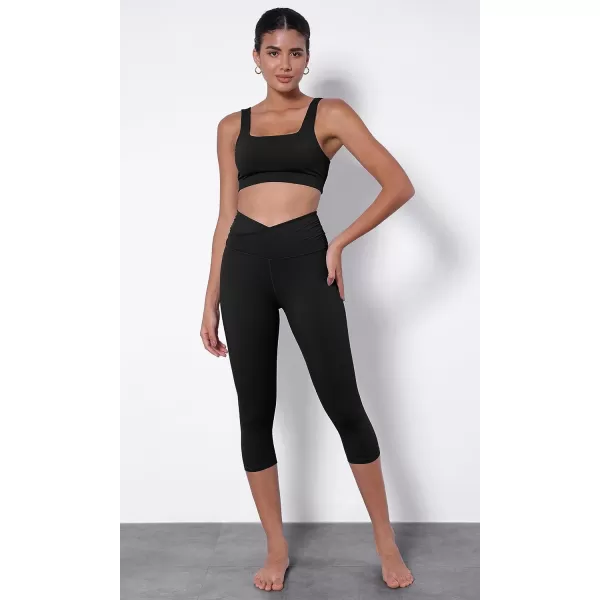 imageODODOS Womens Cross Waist Yoga Capris with Inner Pocket 19quot Inseam Gathered Crossover Workout Cropped Yoga PantsBlack