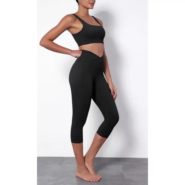 imageODODOS Womens Cross Waist Yoga Capris with Inner Pocket 19quot Inseam Gathered Crossover Workout Cropped Yoga PantsBlack