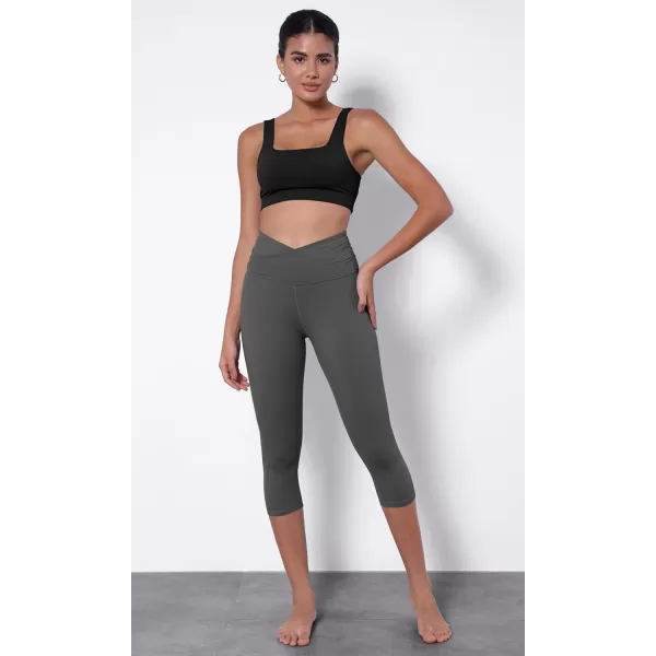 imageODODOS Womens Cross Waist Yoga Capris with Inner Pocket 19quot Inseam Gathered Crossover Workout Cropped Yoga PantsCharcoal