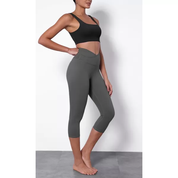 imageODODOS Womens Cross Waist Yoga Capris with Inner Pocket 19quot Inseam Gathered Crossover Workout Cropped Yoga PantsCharcoal