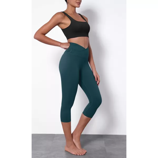 imageODODOS Womens Cross Waist Yoga Capris with Inner Pocket 19quot Inseam Gathered Crossover Workout Cropped Yoga PantsForest Teal