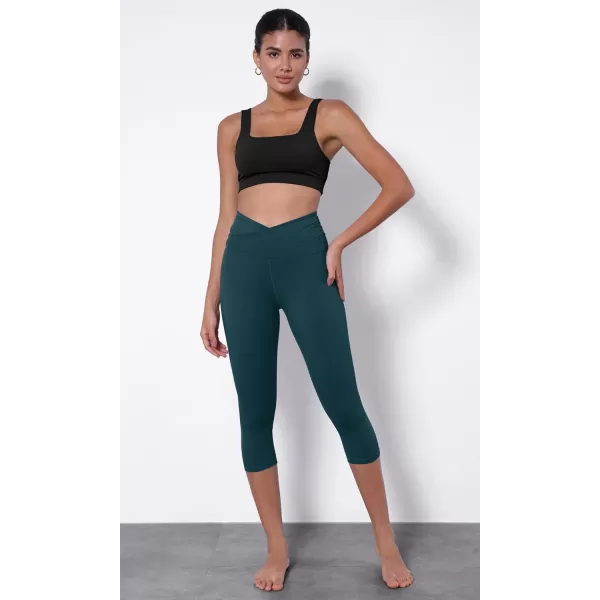 imageODODOS Womens Cross Waist Yoga Capris with Inner Pocket 19quot Inseam Gathered Crossover Workout Cropped Yoga PantsForest Teal