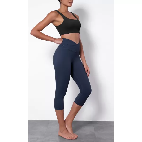 imageODODOS Womens Cross Waist Yoga Capris with Inner Pocket 19quot Inseam Gathered Crossover Workout Cropped Yoga PantsNavy